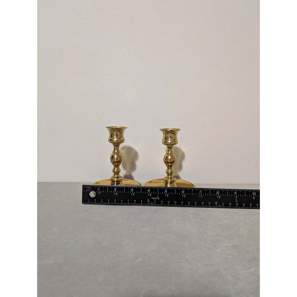 Vintage Solid Brass Candlesticks Pair - 4.5" Flared Saucer Base Taper Holders - Picture 7 of 8